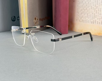Rimless Eyeglasses Frames, Unisex Prescription Ready Glasses, Silver Black Optical Frames, Clear Lens Nerd Eyewear
