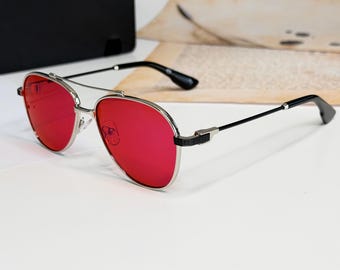 Red Lens Computer Glasses UV400 Steel Aviator Frame Unisex Blue Light Style Eyewear Statement Glasses Gift for Him Her