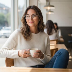 Może przedstawiać: Kobieta w okularach i kremowym swetrze, trzymająca biały kubek. Siedzi przy drewnianym stole w kawiarni, z naturalnym światłem wpadającym przez duże okno. Ma na sobie niebieskie dżinsy.