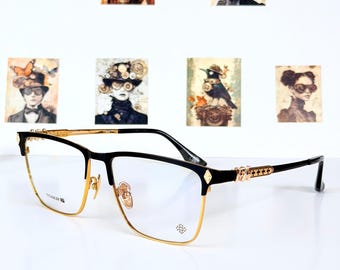 Eyeglass Frames: Pure Titanium, Black Gold Rectangular Japanese-Inspired Style, RX Ready