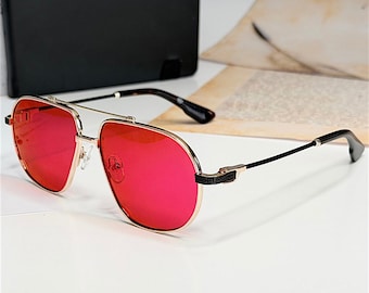 Red Aviator Computer Glasses Blue Light UV400 Gaming Glasses Steel Frame Unisex Statement Eyewear Gold Black Frame