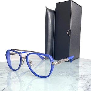 Unisex Retro Vintage Eyeglass Frames – Bold Blue Korean Style Acetate Titanium with Case