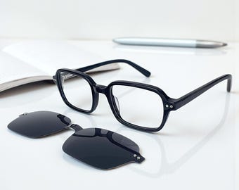 Black acetate eyeglass frames with polarized clip on sunglasses unisex optical glasses prescription ready