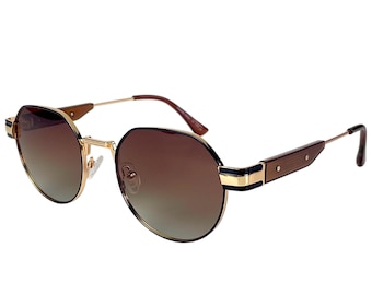 Okulary przeciwsłoneczne okrągłe z polaryzacją, unisex – styl retro | TR90 i metalowa oprawka | Brązowe soczewki gradientowe