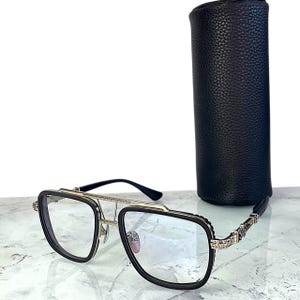 Black & Silver Titanium Eyeglasses – Bold Steampunk Square Frame – Men’s Luxury Optical Glasses – Decorative Temples – Gift Ready