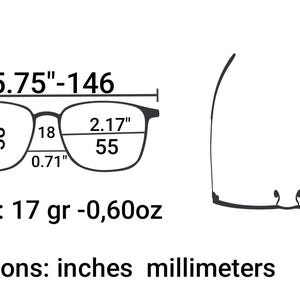 May include: Diagram of eyeglasses with measurements in inches and millimeters. The glasses are 5.75" (146 mm) wide, 1.5" (38 mm) high, and 2.17" (55 mm) wide. The frame thickness is 0.71". Weight is 0.60 oz (17 gr). Overall height is 6" (153 mm).