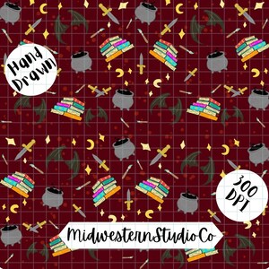May include: A repeating pattern on a burgundy background featuring hand-drawn illustrations of books, daggers, cauldrons, crescent moons, stars, and bat wings. The text "Hand Drawn" and "Midwestern Studio Co" are also present.