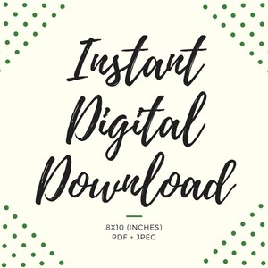 K&ouml;nnte beinhalten: Sofortige digitale Download-Grafik mit gr&uuml;nen Punkten als Rahmen. Der Text lautet "Instant Digital Download" in schwarzer, kursiv geschriebener Schrift. Unter dem Text steht "8x10 (Zoll) PDF + JPEG".