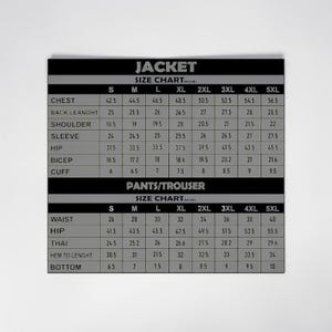 May include: A size chart for jackets and trousers, with measurements in inches. The chart is divided into two sections, one for jackets and one for pants. Measurements include chest, sleeve, waist, and hip sizes, ranging from S to 5XL.