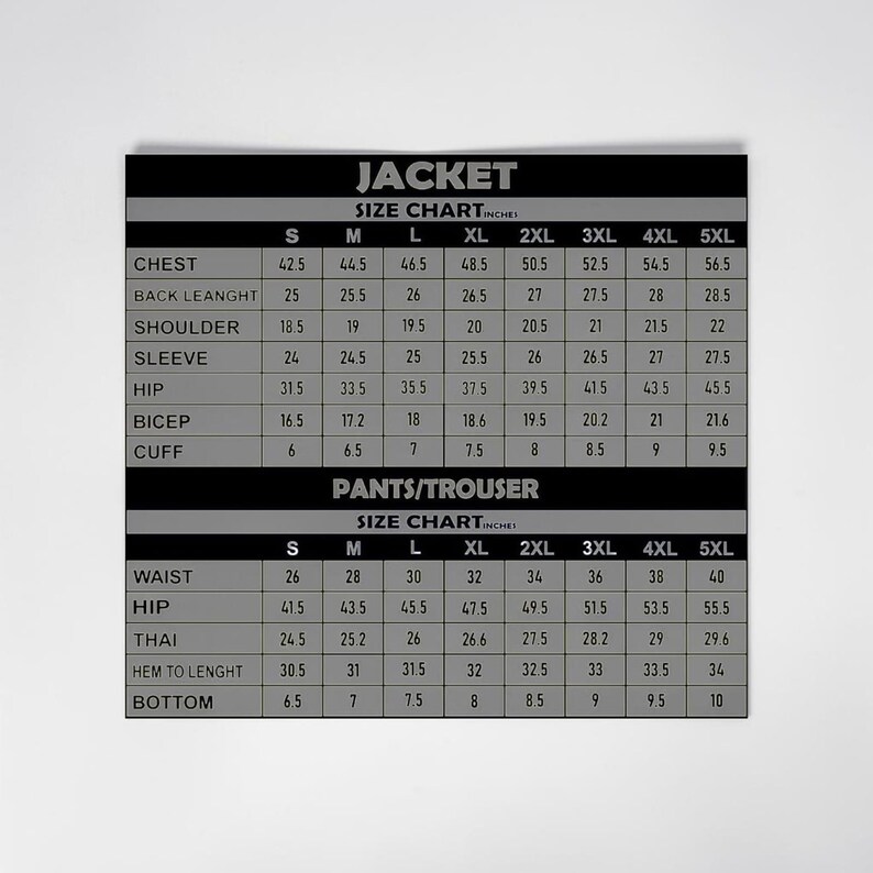 May include: A size chart for jackets and trousers, with measurements in inches. The chart is divided into two sections, one for jackets and one for pants. Measurements include chest, sleeve, waist, and hip sizes, ranging from S to 5XL.