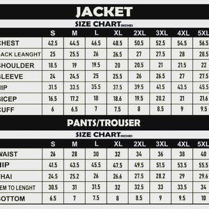 May include: A black and white size chart for a jacket and trousers. The table displays measurements in inches for sizes S to 5XL, covering chest, back length, shoulder, sleeve, hip, bicep, cuff, waist, thigh, hem to length, and bottom dimensions.