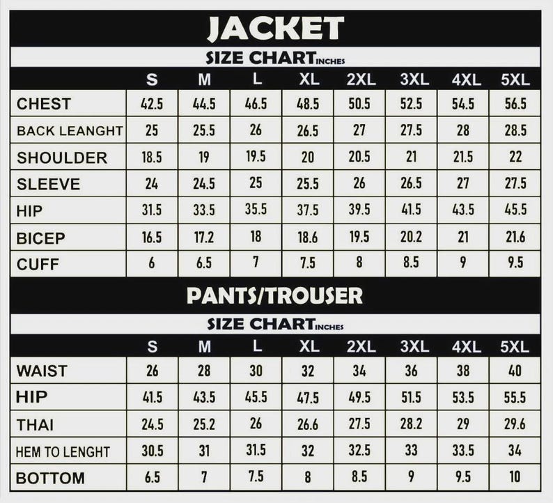 May include: A black and white size chart for a jacket and trousers. The table displays measurements in inches for sizes S to 5XL, covering chest, back length, shoulder, sleeve, hip, bicep, cuff, waist, thigh, hem to length, and bottom dimensions.