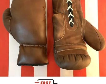Vintage Leather Boxing Gloves: 12oz Tan Leather Lace-Up Training