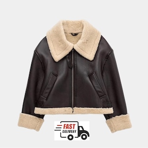 Women B3 RAF Bomber Brown Aviator Flying Fur Shearling Women Leather  Jacket
