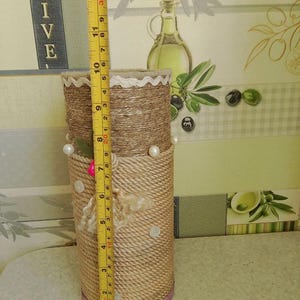 Handmade Tall Jute Rope Vase - Eco-Friendly Rustic Decor with Decorative Braid, Buttons, and Beads