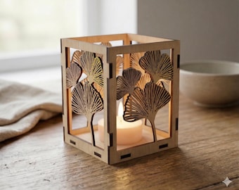 Portavelas de madera de Ginkgo Biloba / Farol de madera calado / Portavelas acogedor para velas pequeñas / Iluminación botánica para el hogar