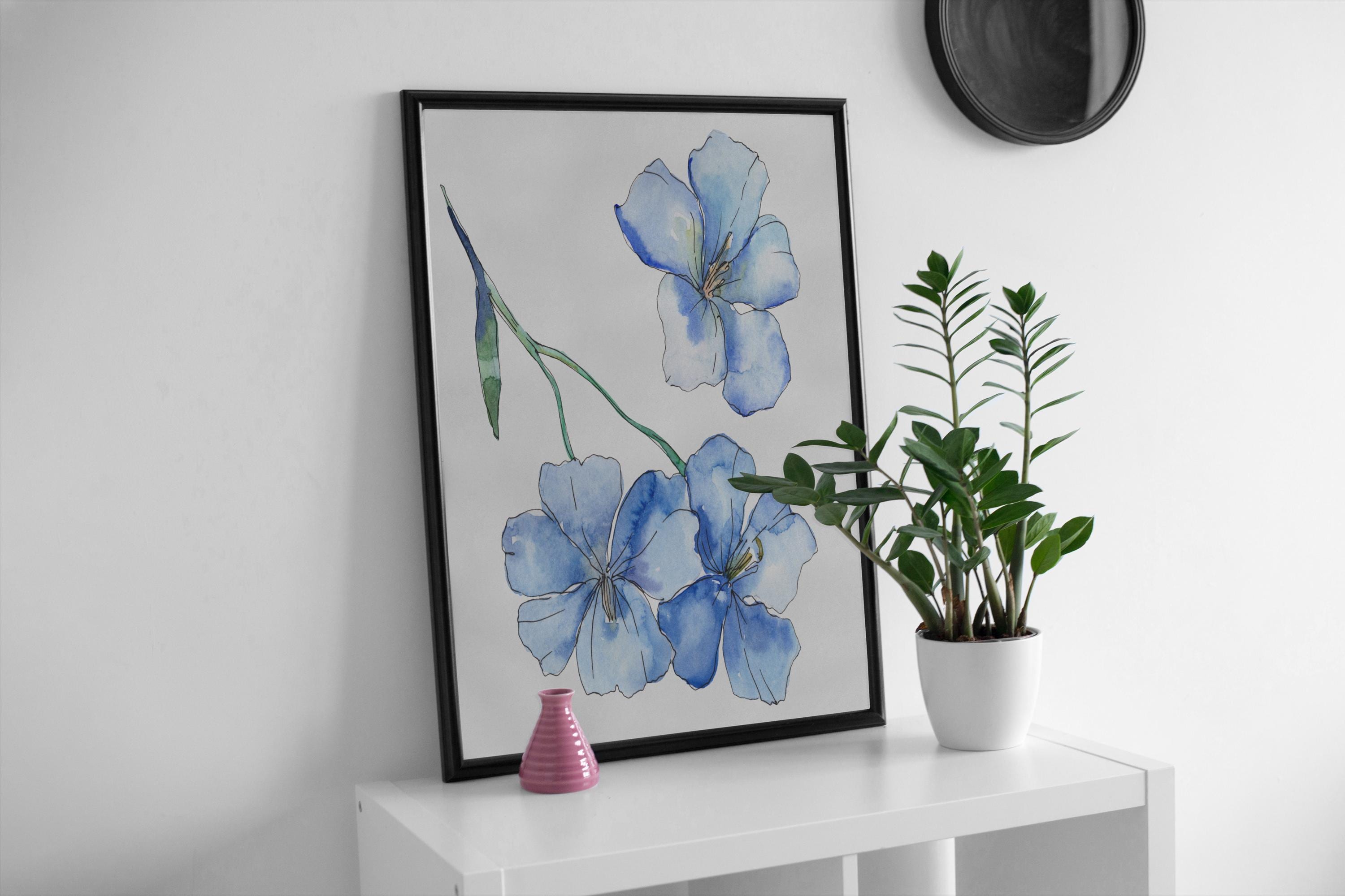 Stampa botanica ad acquerello blu – Arte floreale digitale per download immediato