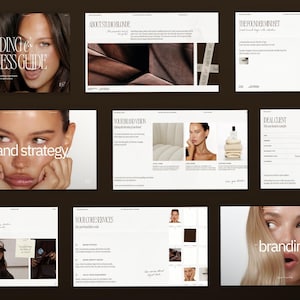 May include: A business guide with the title "The Branding & Business Guide" and the words "brand strategy" and "branding" on separate pages. The guide features images of a woman and text on a dark brown background.