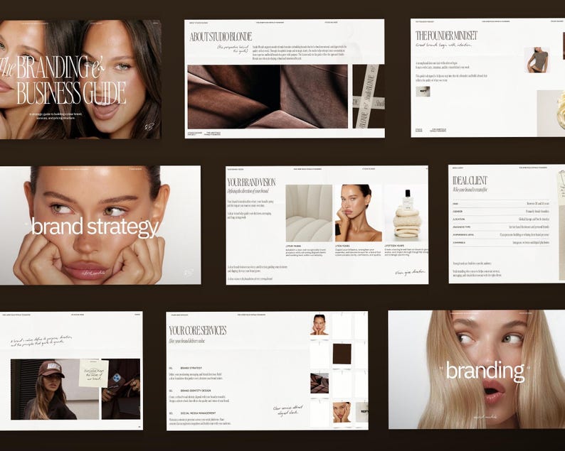 May include: A business guide with the title "The Branding & Business Guide" and the words "brand strategy" and "branding" on separate pages. The guide features images of a woman and text on a dark brown background.