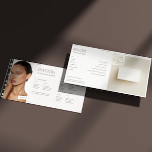 May include: Two open brochures on a brown surface. One brochure features a woman's portrait and the text "SERVICEDETAILS". The other brochure has the text "IDEAL CLIENT". A business card is on the second brochure.