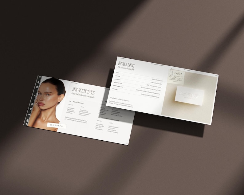 May include: Two open brochures on a brown surface. One brochure features a woman's portrait and the text "SERVICEDETAILS". The other brochure has the text "IDEAL CLIENT". A business card is on the second brochure.