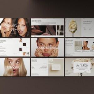 May include: A collection of nine slides from a branding and business guide. The slides feature images of women, text, and graphic elements. The text includes phrases like "Branding & Business Guide", "Brand Strategy", and "The Process". The color palette is neutral with brown and white.