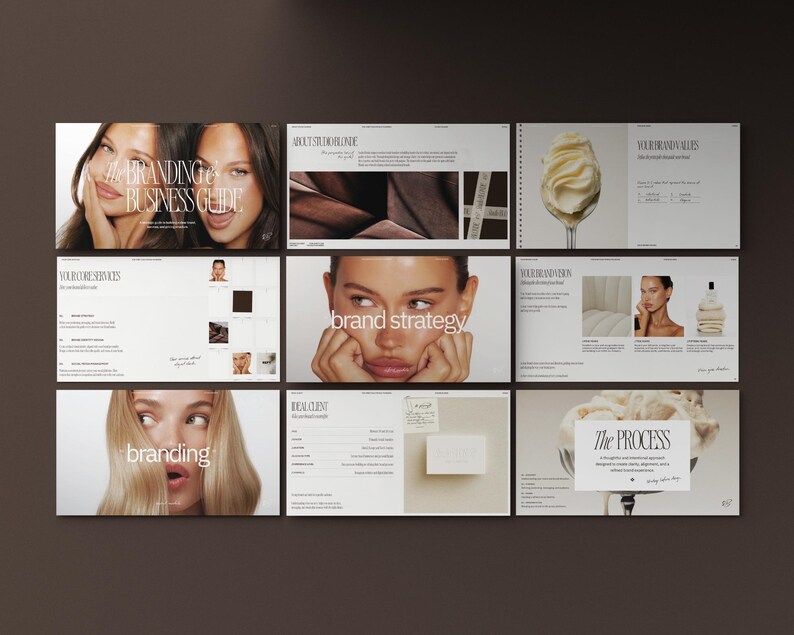 May include: A collection of nine slides from a branding and business guide. The slides feature images of women, text, and graphic elements. The text includes phrases like "Branding & Business Guide", "Brand Strategy", and "The Process". The color palette is neutral with brown and white.