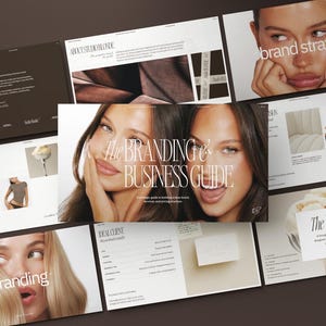 May include: A selection of marketing documents with a branding theme. The central image shows two women with the text "The Branding & Business Guide." Other pages display the words "brand strategy," "branding," and "The Process."