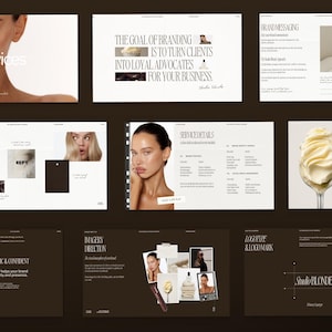 May include: A series of design layouts with a neutral color palette. The layouts include text, images, and graphic elements. The text includes the words "services", "The Goal of Branding", "Brand Messaging", "Our Brand Story", "Service Details", "Imagery Direction", "Logotype & Logo Mark", and "Elegant, Strategic & Confident".