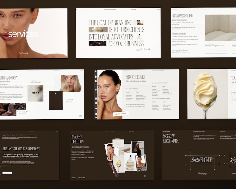 May include: A series of design layouts with a neutral color palette. The layouts include text, images, and graphic elements. The text includes the words "services", "The Goal of Branding", "Brand Messaging", "Our Brand Story", "Service Details", "Imagery Direction", "Logotype & Logo Mark", and "Elegant, Strategic & Confident".
