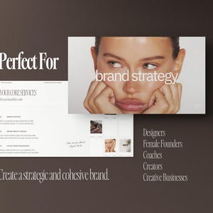 May include: A promotional image with the text "Perfect For" and "brand strategy". The image includes a woman's face and lists "Designers, Female Founders, Coaches, Creators, Creative Businesses". The text "Create a strategic and cohesive brand" is also present.