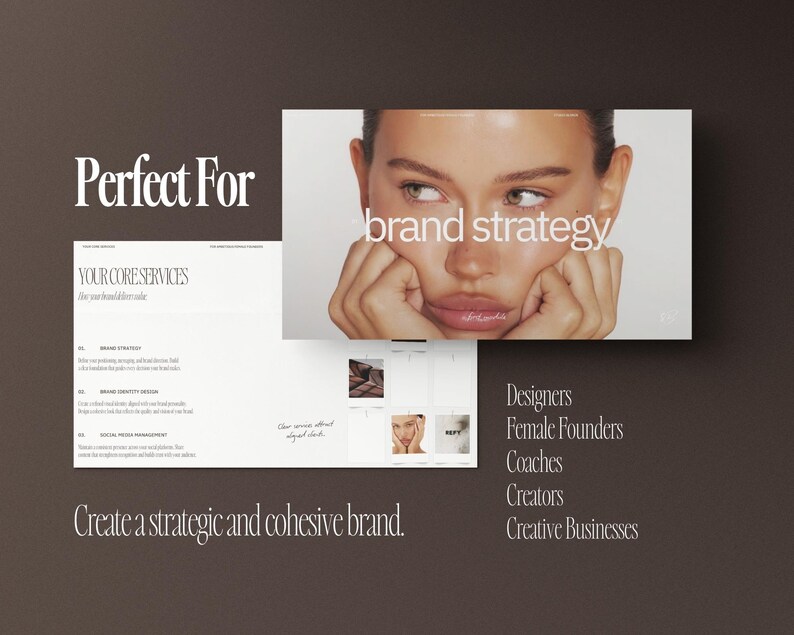 May include: A promotional image with the text "Perfect For" and "brand strategy". The image includes a woman's face and lists "Designers, Female Founders, Coaches, Creators, Creative Businesses". The text "Create a strategic and cohesive brand" is also present.