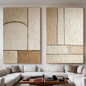 Minimalist Abstract Textured Canvas Art Set: Beige & Brown Oil Painting Duo, Neutral Wall Decor