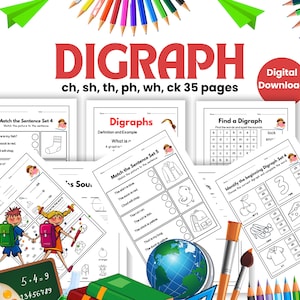 May include: Educational worksheets for digraphs, featuring activities like matching sentences and finding words. The image includes colorful pencils, a globe, and the text "DIGRAPH" and "Digital Download."