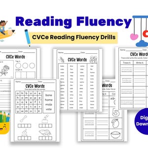 May include: A collection of printable CVCe reading fluency drills. The worksheets feature exercises like tracing, writing, and coloring words. The title "Reading Fluency" is displayed in blue, with the text "Digital Download" on a blue circle.