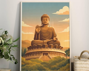 Hong Kong Travel Poster: Tian Tan Buddha Wall Art, Lantau Island Buddha Printable, Asian Big Buddha Statue Decor (Digital Download)