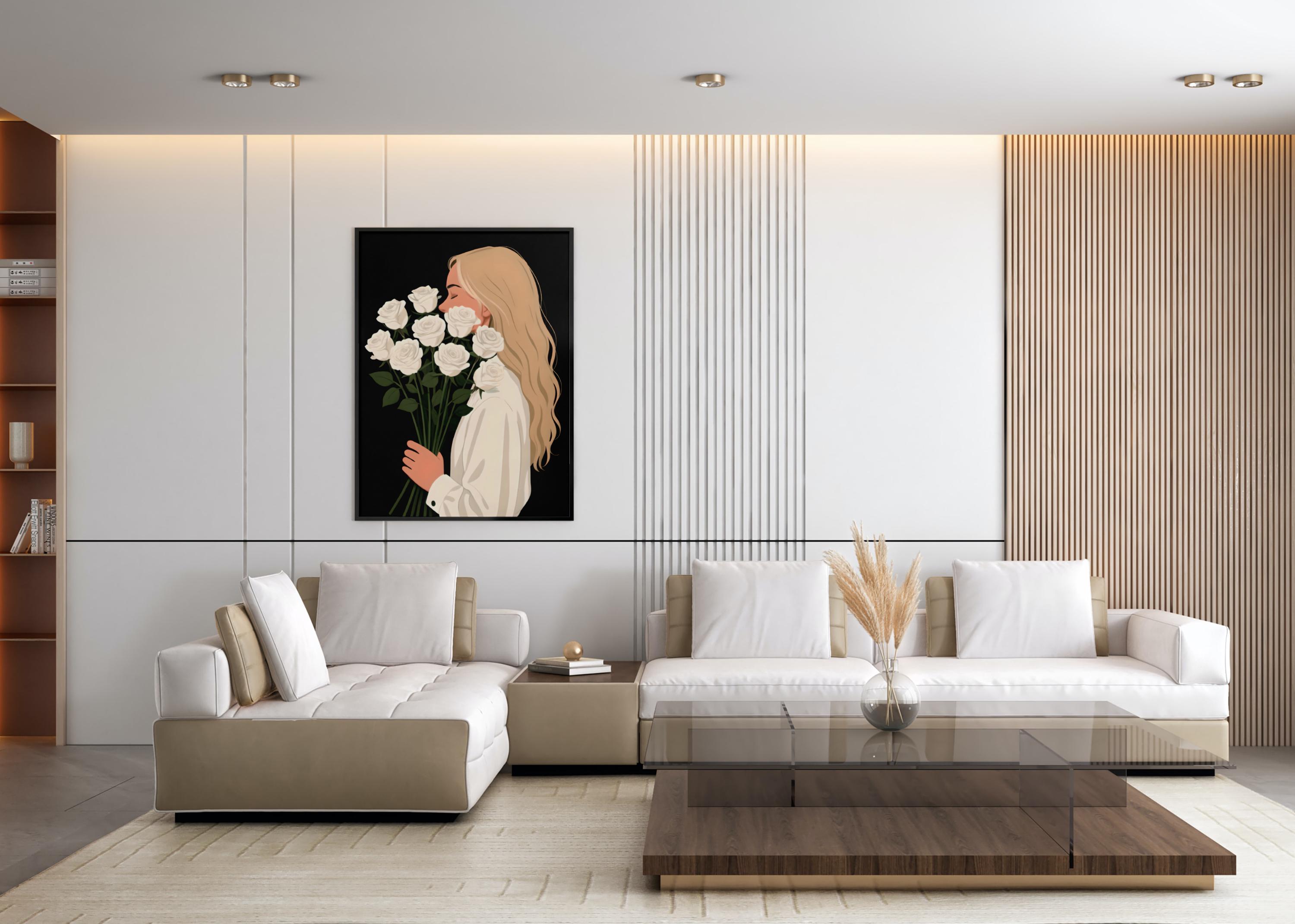 Girl with White Roses Wall Art, Modern Minimalist Floral Portrait, Elegant Feminine Poster, Digital Download, Bouquet Of Flowers - Thumbnail 7