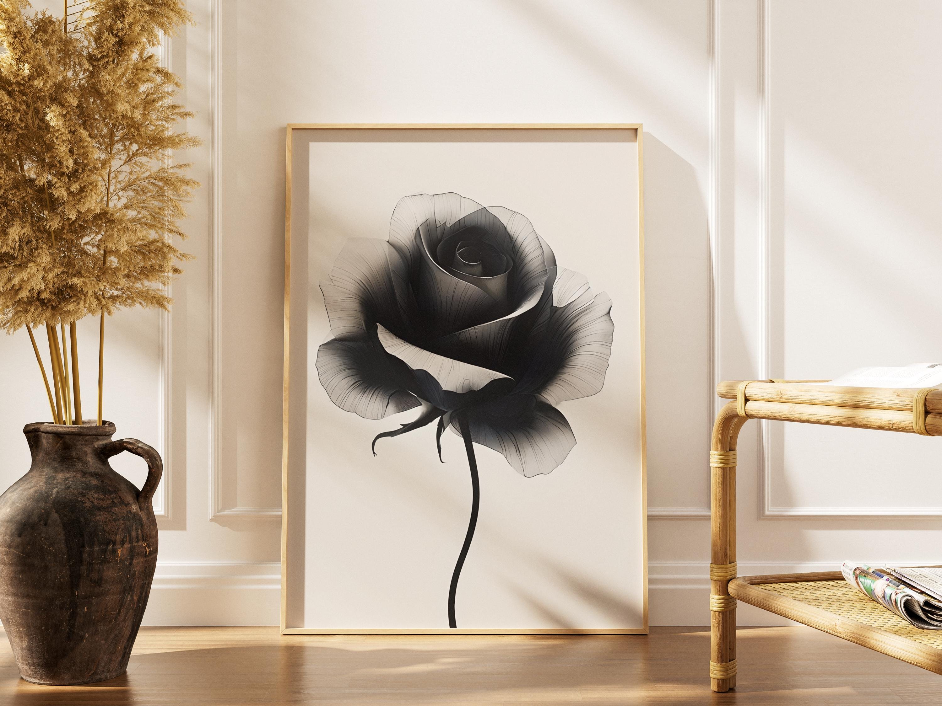 Black and White Rose Art Print, Minimalist Digital Flower Poster, Monochrome Wall Decor, Modern Wall Art