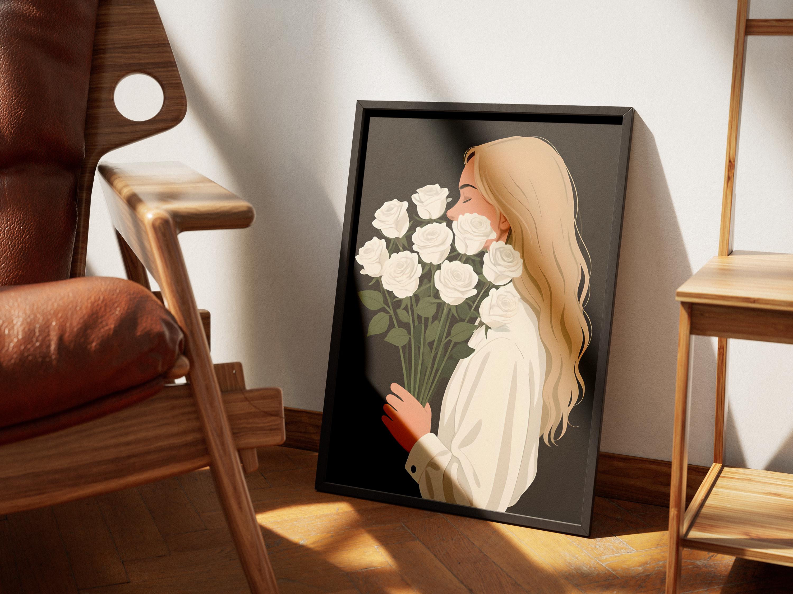 Girl with White Roses Wall Art, Modern Minimalist Floral Portrait, Elegant Feminine Poster, Digital Download, Bouquet Of Flowers - Thumbnail 6