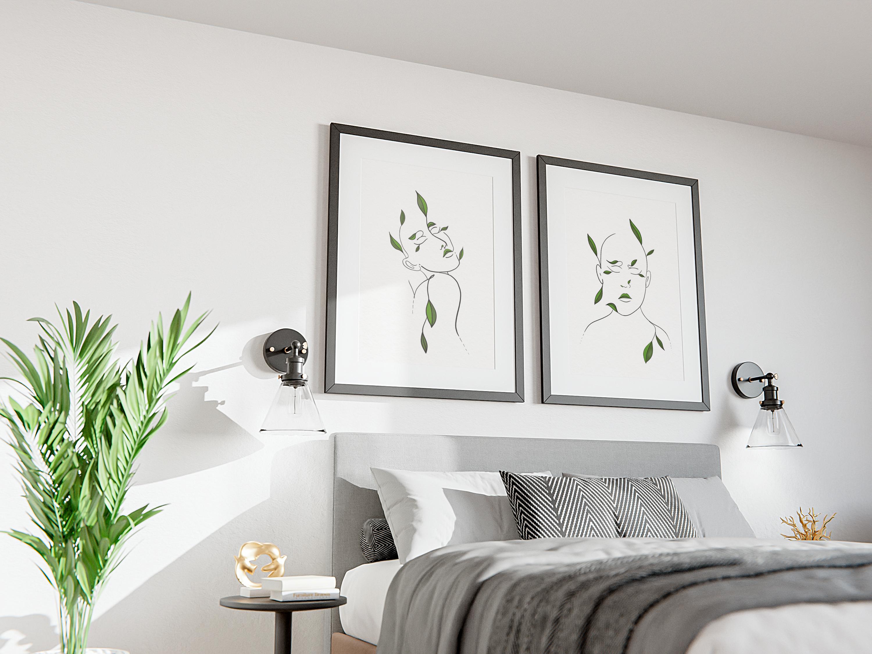 Woman Line Art Print Set of 2, Minimalist Female One Line Drawing with Green Leaves, Modern Body Line Art, Floral Home Decor - Thumbnail 4