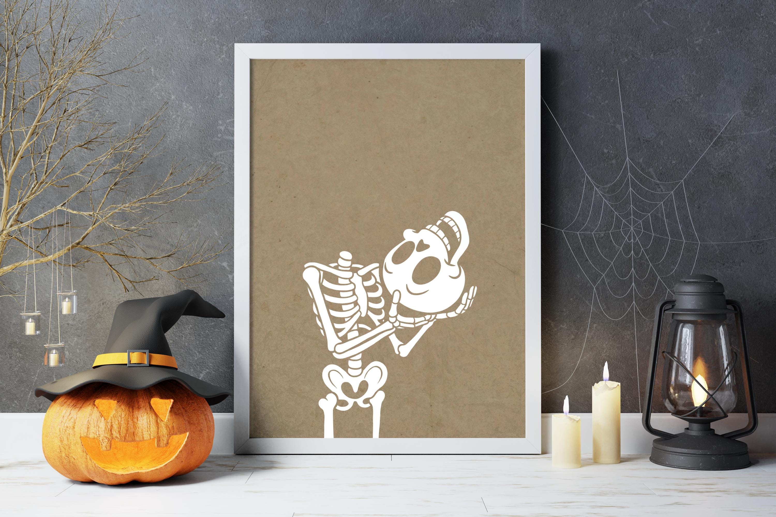 Set of 2 Spooky Skeleton Holding Pumpkin and Skull Prints, Halloween Digital Wall Art for Party, Home, or Office Decor - Thumbnail 7