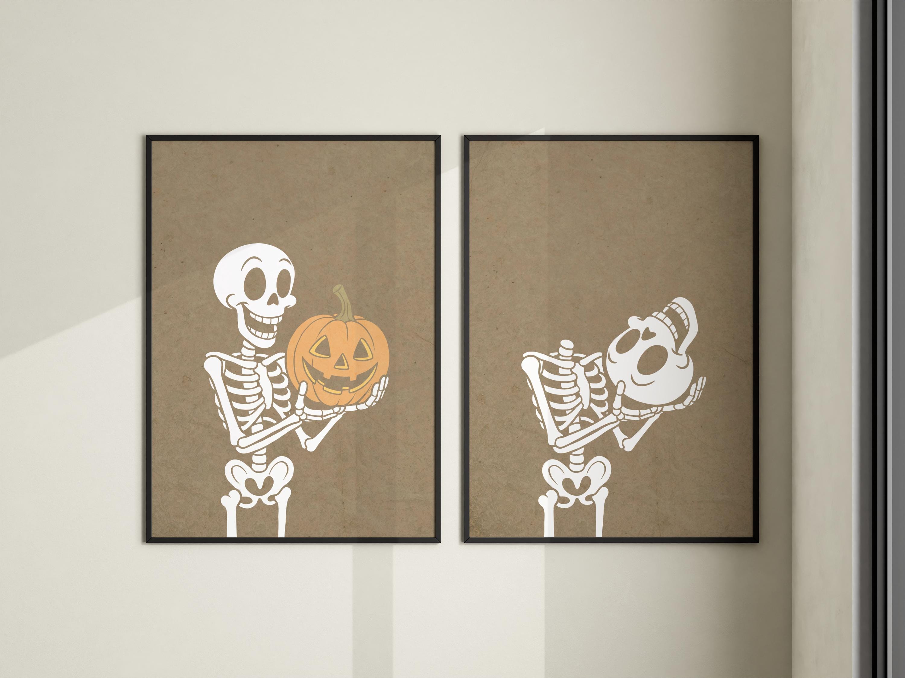 Set of 2 Spooky Skeleton Holding Pumpkin and Skull Prints, Halloween Digital Wall Art for Party, Home, or Office Decor