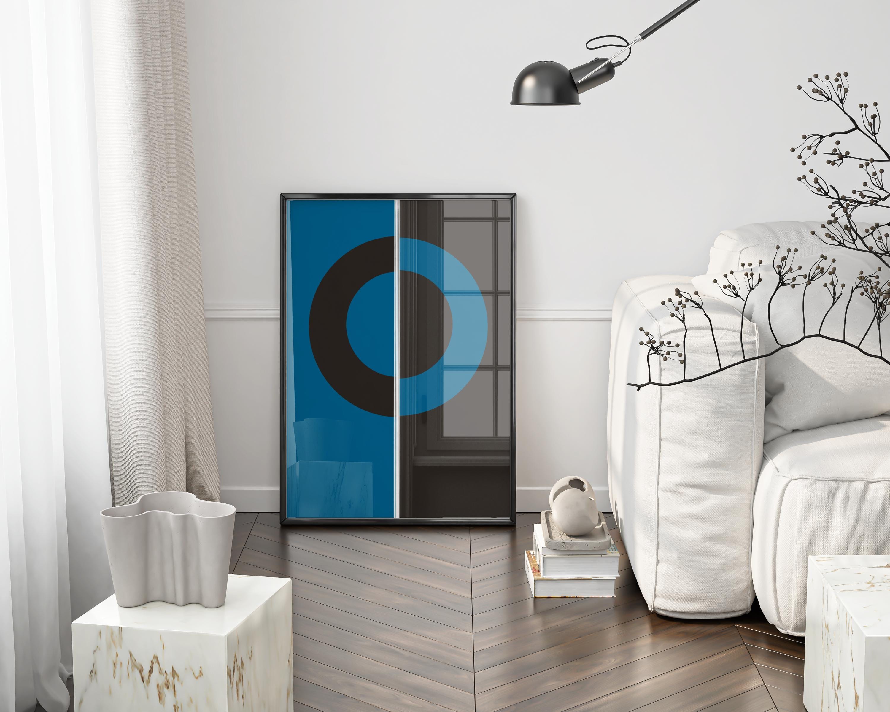 Modern Abstract Circle Print, Minimalist Blue and Black Geometric Wall Art, Scandinavian Style Home Decor - Thumbnail 2