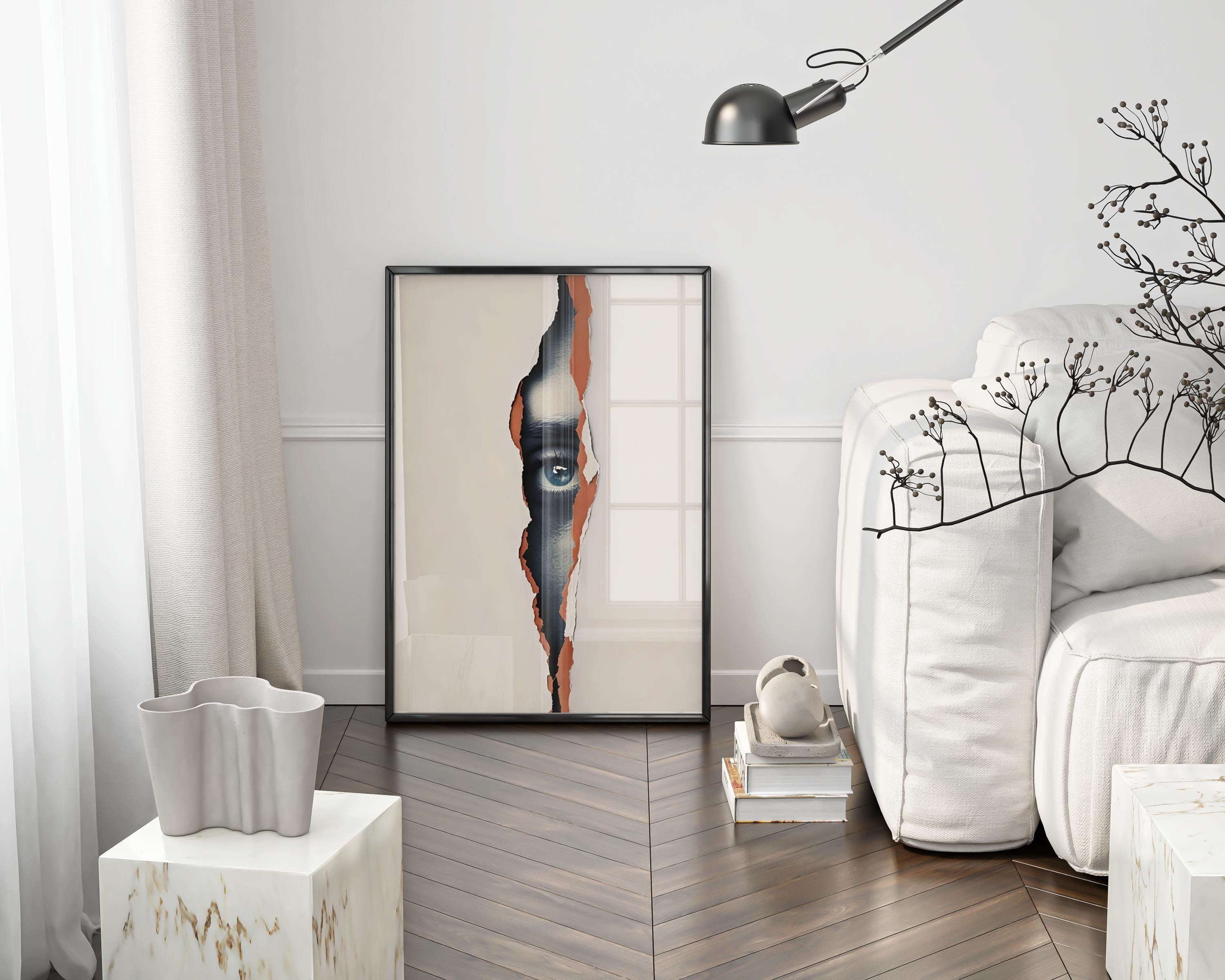 Blue Eye Through the Wall, Minimalist Mysterious Face Art, Digital Beige Aesthetic Wall Decor, Modern Surreal Poster for Home - Thumbnail 3