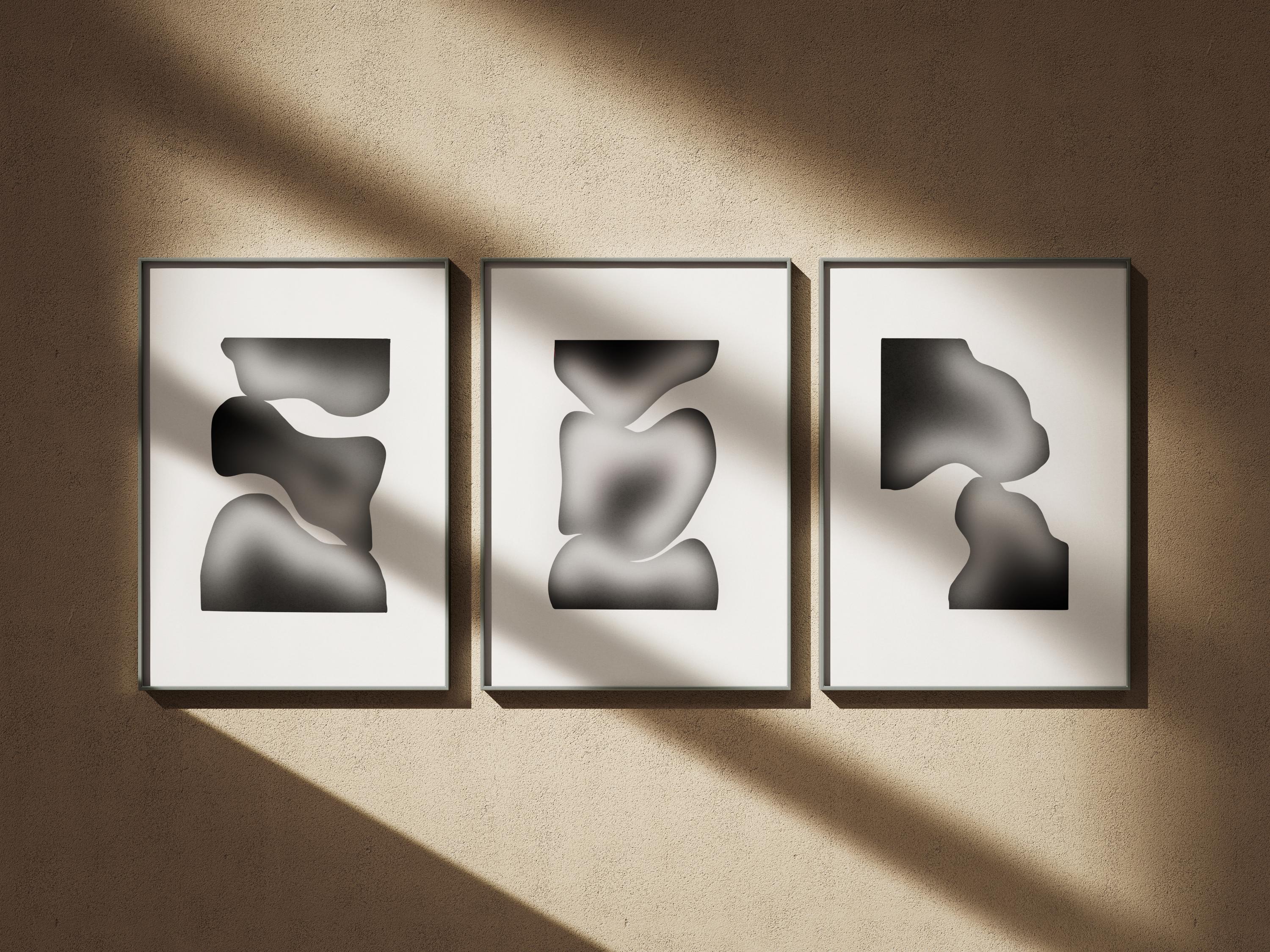 Set of 3 Abstract Black and White Wall Art Prints, Modern Minimalist Posters, Monochrome Geometric Shapes Home Decor, Digital Download - Thumbnail 3
