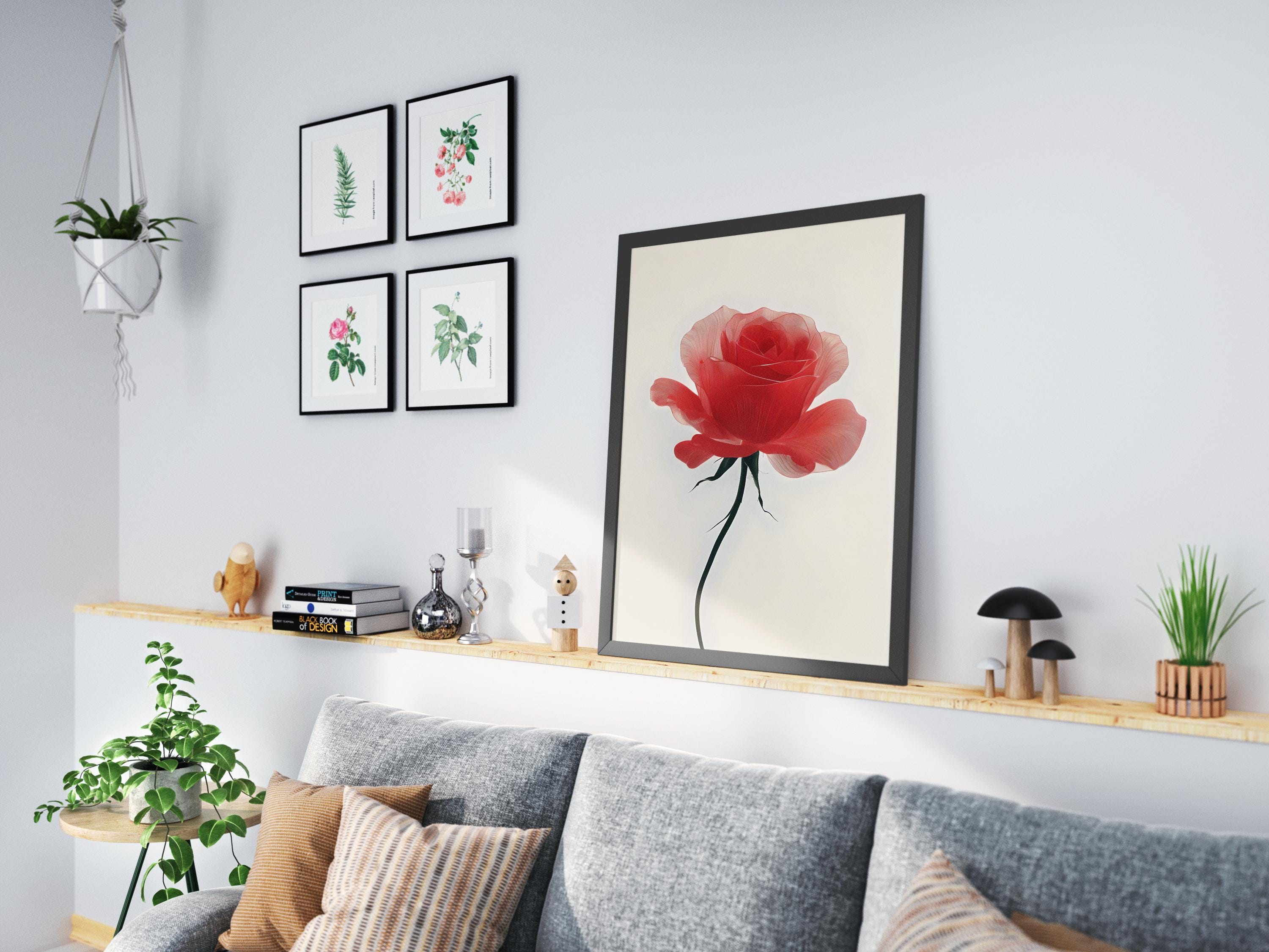 Minimalist Red Rose Art Print, Neutral Botanical Wall Decor, Modern Digital Flower Poster, Scandinavian Decor, Boho Style, Japandi Wall Art - Thumbnail 5