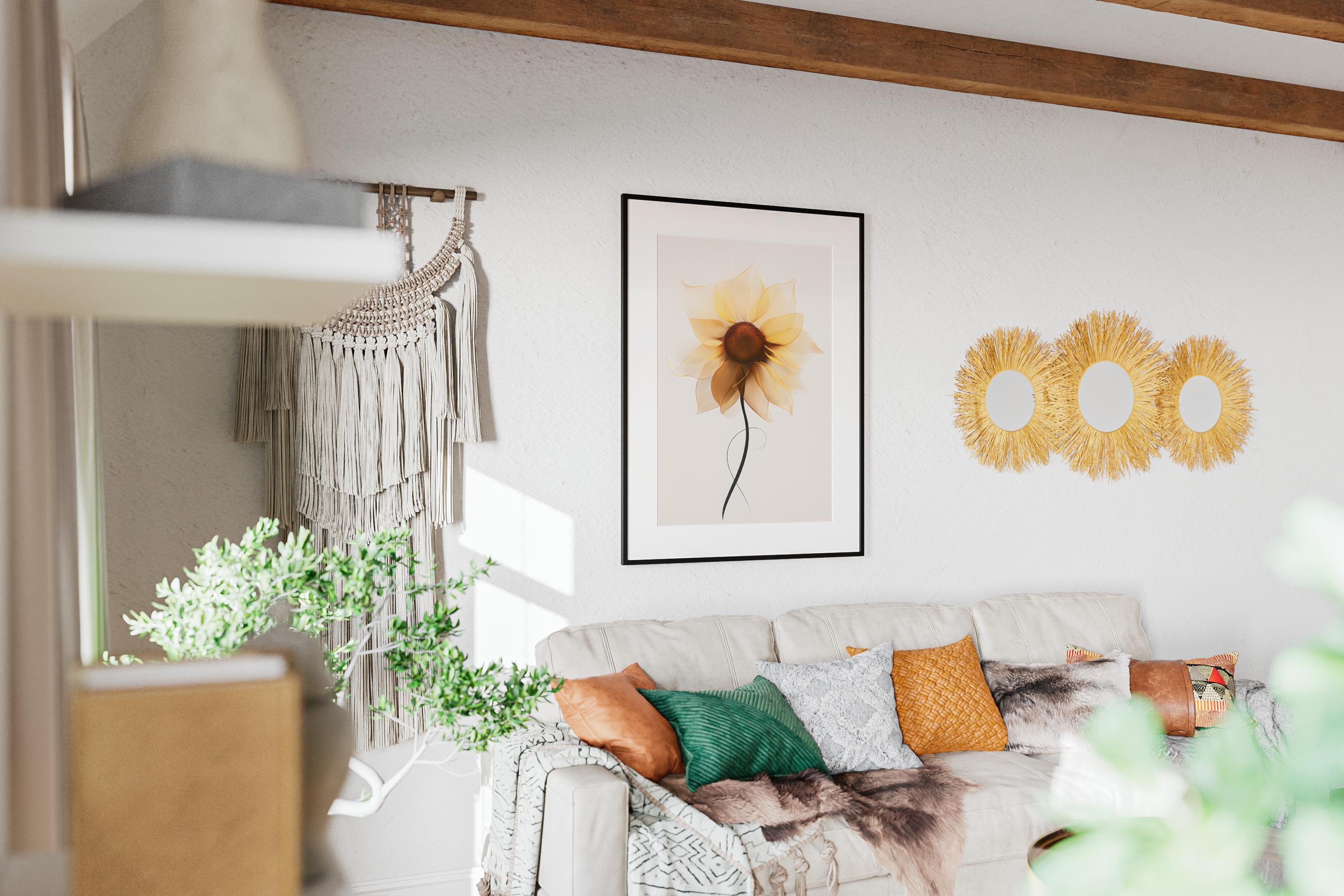 Minimalist Sunflower Art Print, Neutral Botanical Wall Decor, Modern Digital Flower Poster, Scandinavian Decor, Boho Style - Thumbnail 2