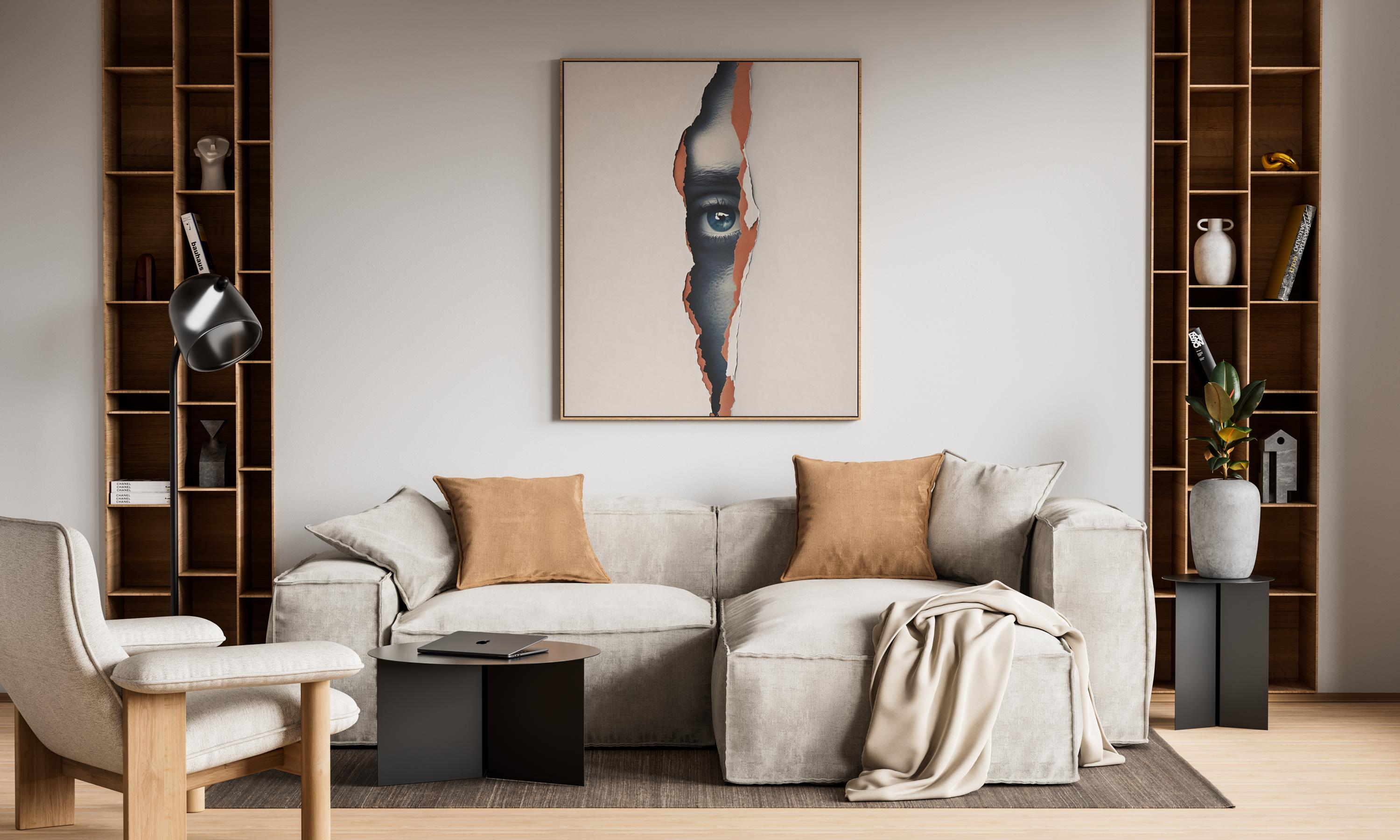 Blue Eye Through the Wall, Minimalist Mysterious Face Art, Digital Beige Aesthetic Wall Decor, Modern Surreal Poster for Home - Thumbnail 5