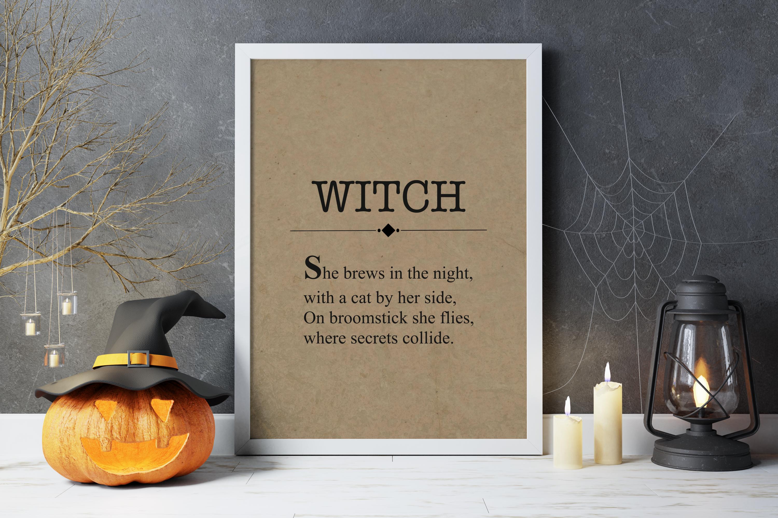 Witch Wall Art Set of 3, Vintage Halloween Decor with Hat, Flying Witch & Poem Print, Spooky Gothic Home Poster Trio, Digital Download - Thumbnail 5