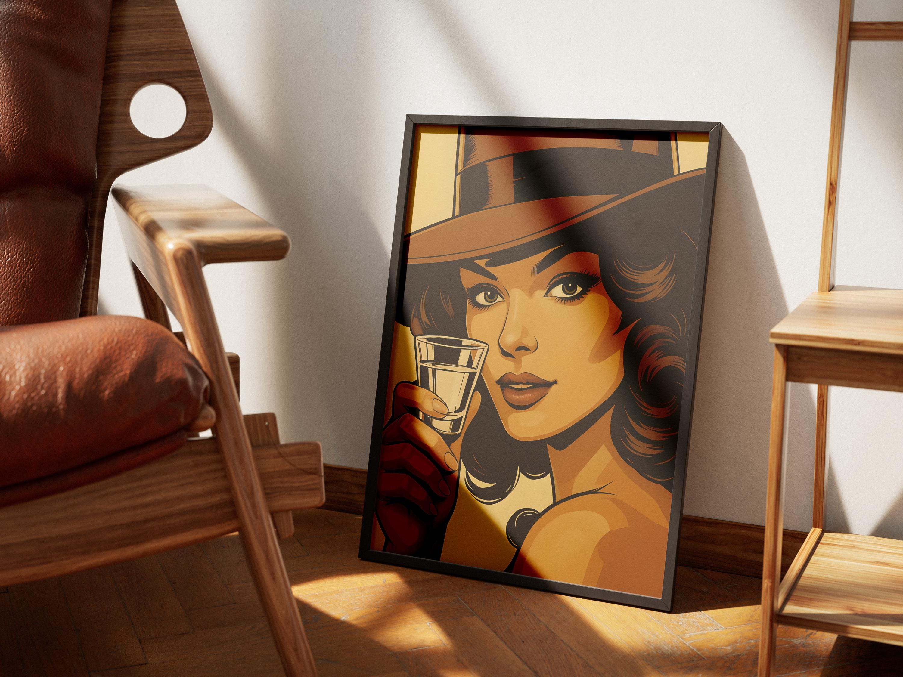 Vintage Glamour Woman with Tequila Shot,  Retro Digital Art Print, Sexy Pin-Up Style Poster for Home Bar or Kitchen Decor,  Digital Download - Thumbnail 3
